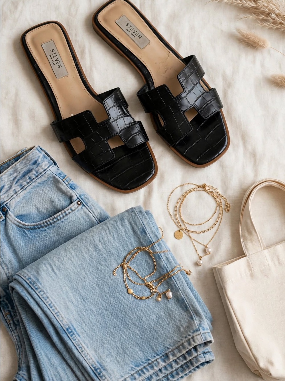 Steve Madden Black Croc-Embossed Slide Mules